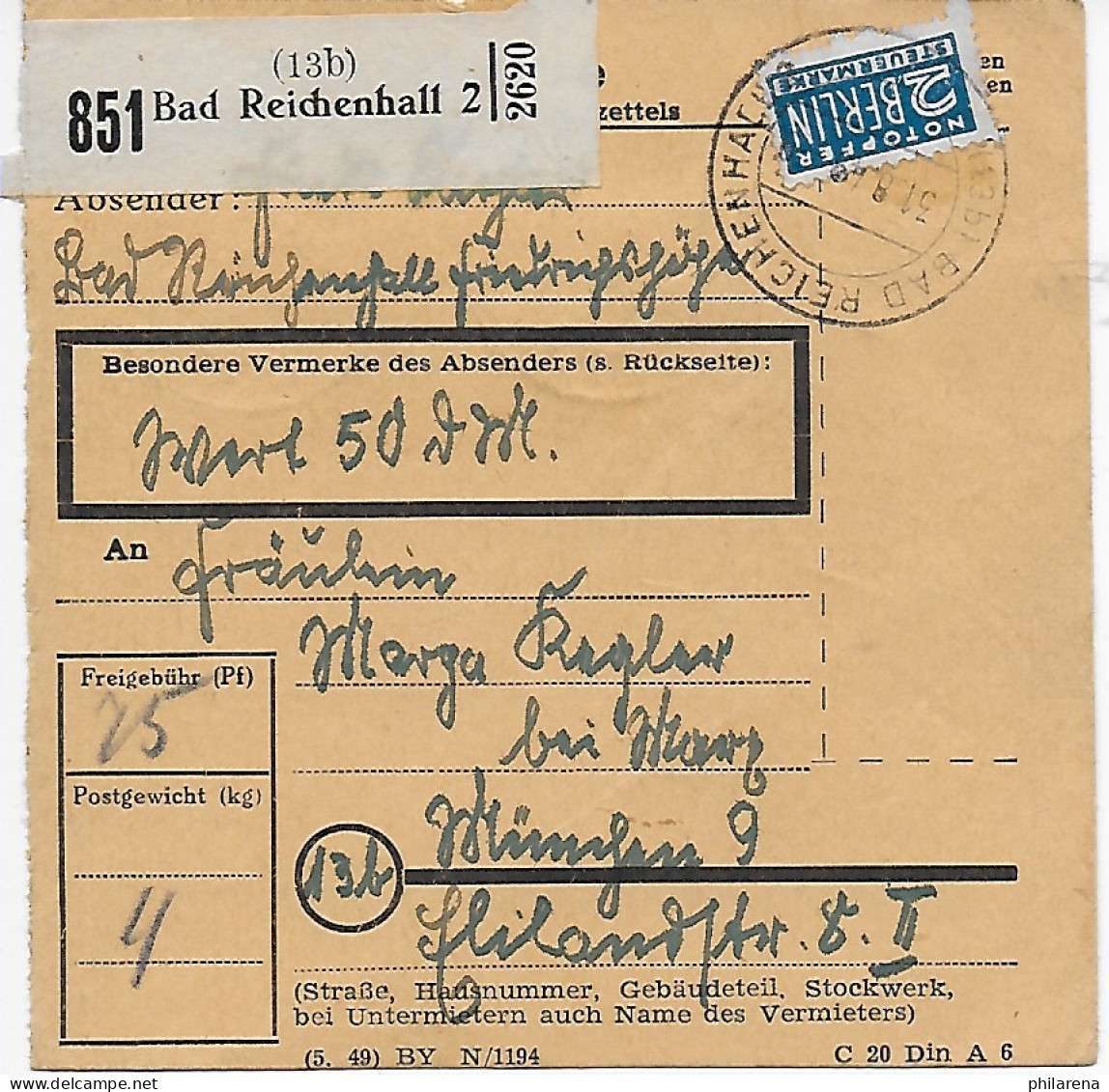 Paketkarte Bad Reichenhall Nach München,  1949, MeF - Lettres & Documents