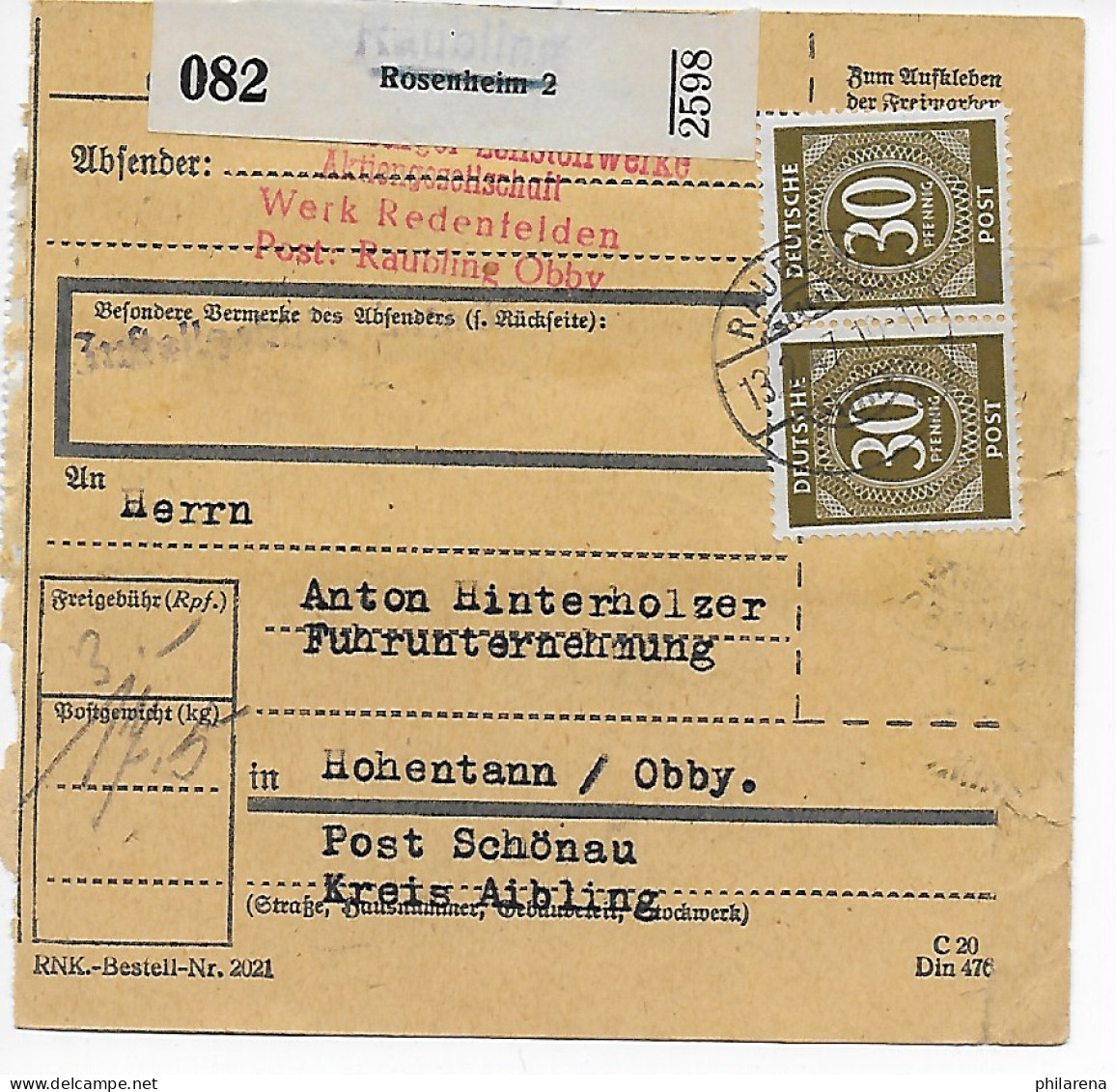 Paketkarte Raubling / Rosenheim Nach Hohentann/Schönau 1947, MeF - Covers & Documents