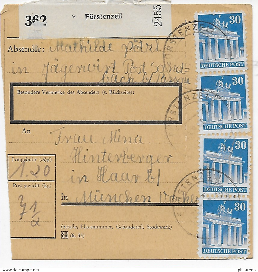 Paketkarte Fürstenzell/Jägerwirt/Sandbach Nach Haar, 1948, MeF - Briefe U. Dokumente