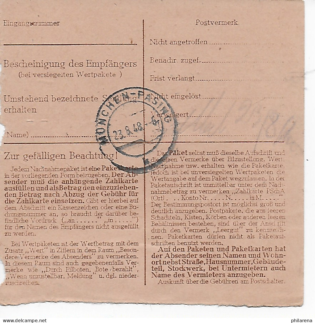 Paketkarte Nachnahme, Absendereindruck Günzach Nach Pasing 1948, MeF - Lettres & Documents