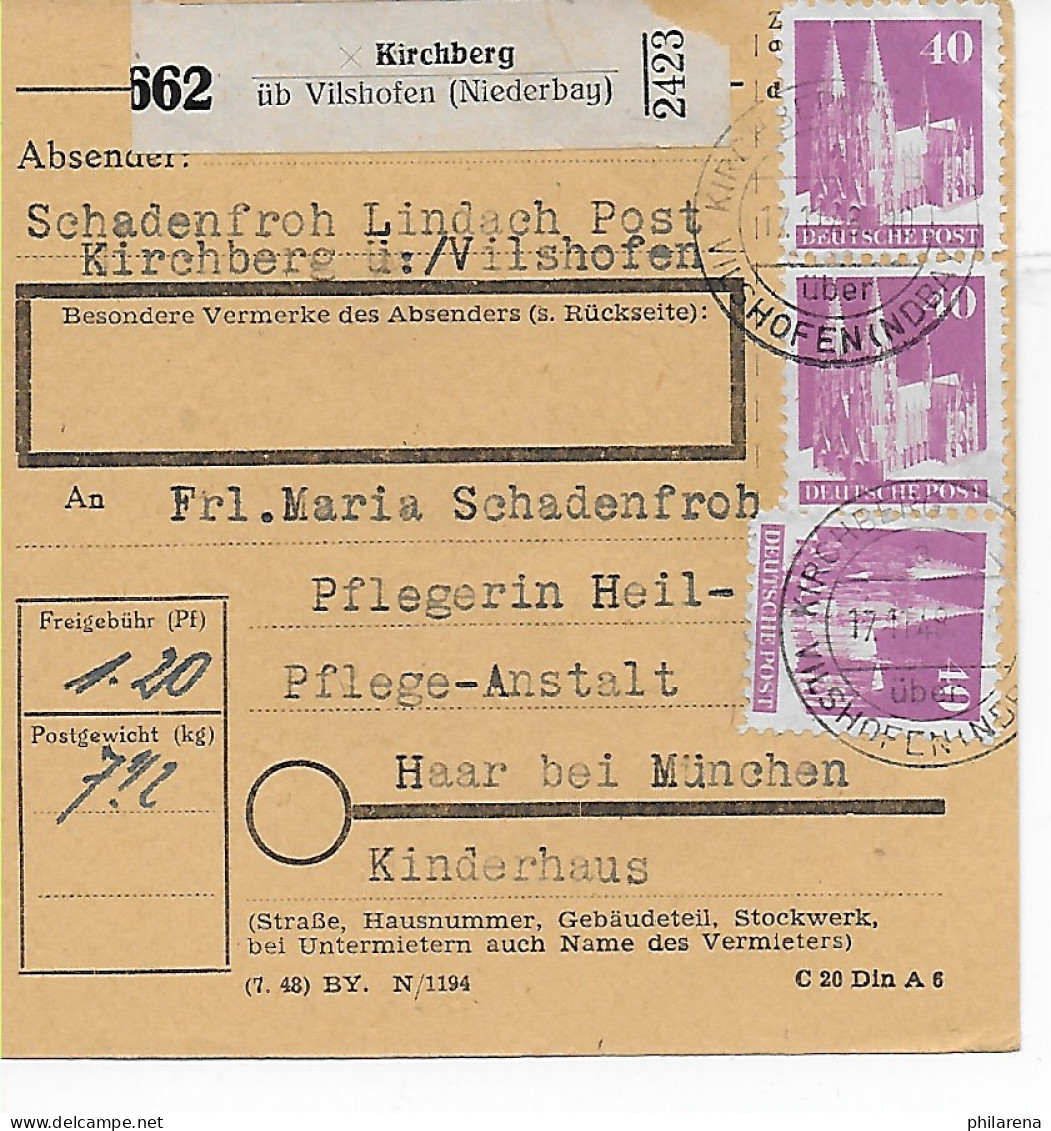 Paketkarte Kirchberg über Vilshofen An Heil-Pflegeanstalt Haar, Kinderhaus 1948 - Lettres & Documents