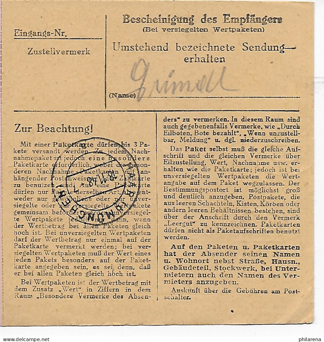 Paketkarte Kirchberg über Vilshofen An Heil-Pflegeanstalt Haar, Kinderhaus 1948 - Briefe U. Dokumente