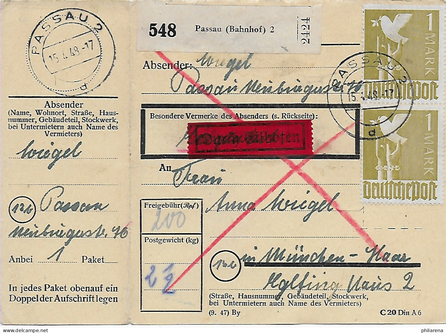 Paketkarte Eilboten Passau Nach München-Haar, 1948, MeF - Briefe U. Dokumente
