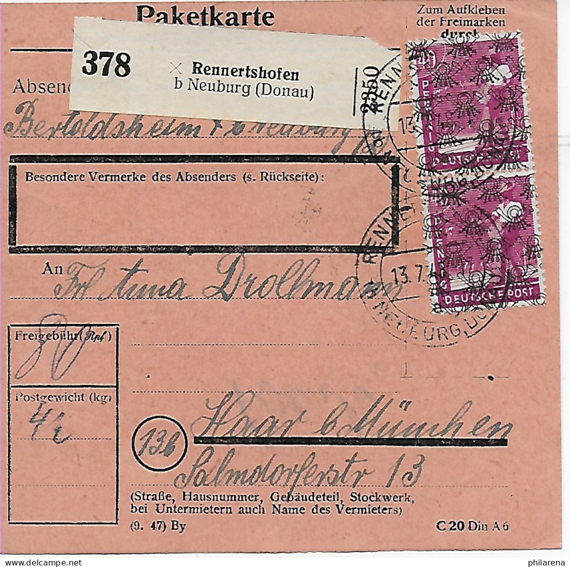 Paketkarte Rennertshofen Bei Neuburg Nach Haar, 1948, MeF - Lettres & Documents