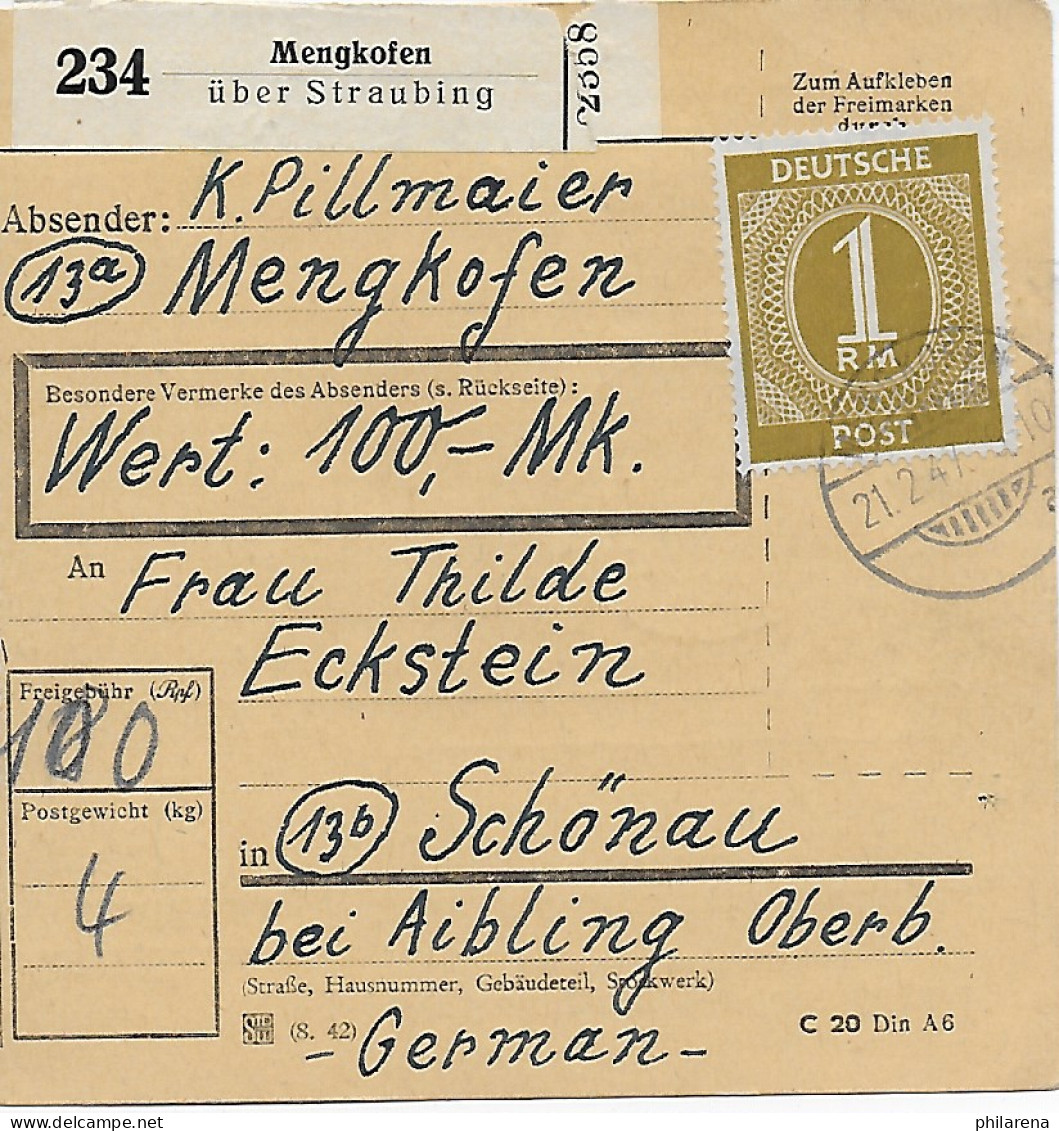 Paketkarte Wert Mengkofen über Straubing 1947 Nach Schönau(/Aibling - Lettres & Documents