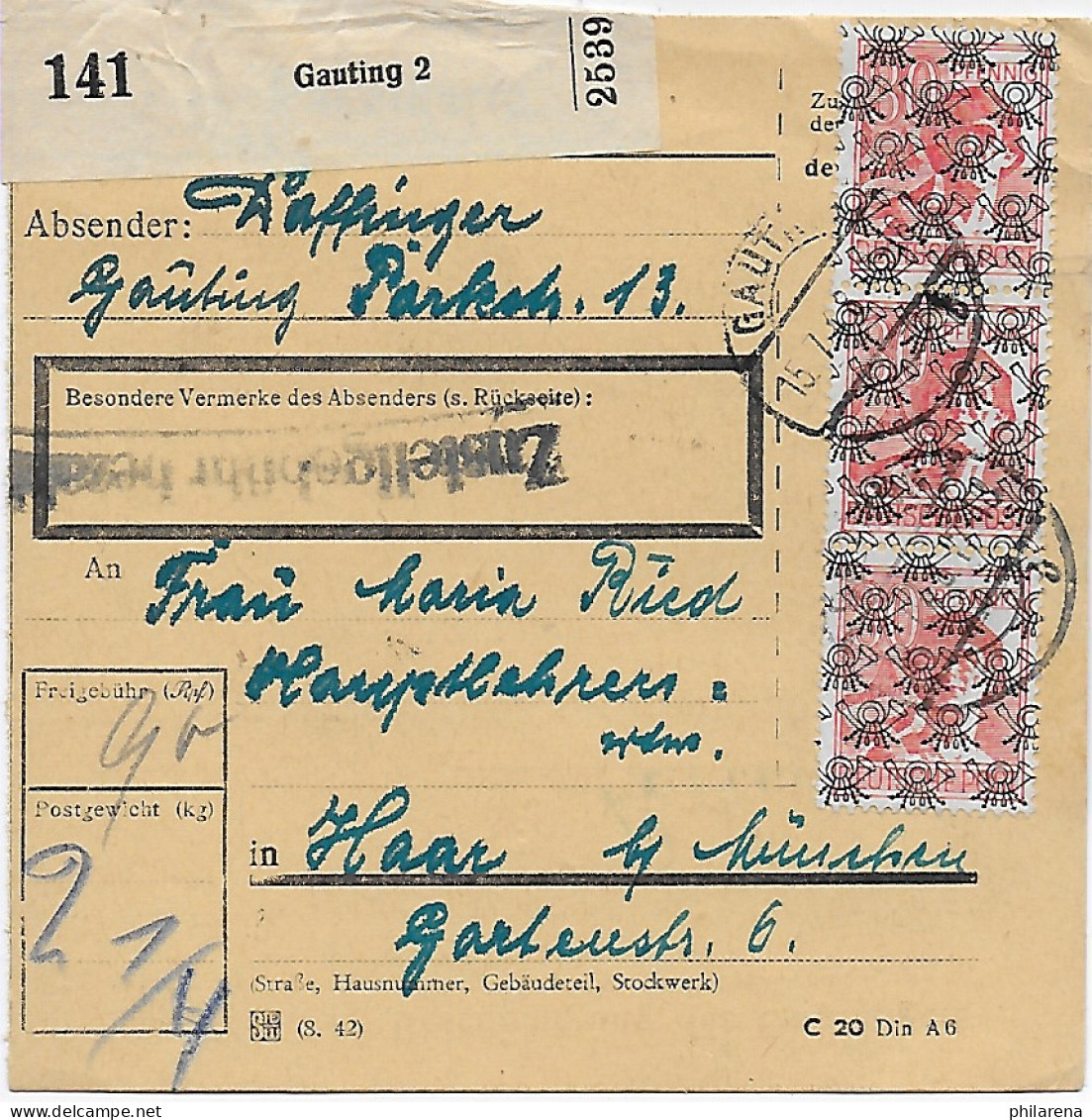 Paketkarte Gauting Nach Haar,1948, MeF - Covers & Documents