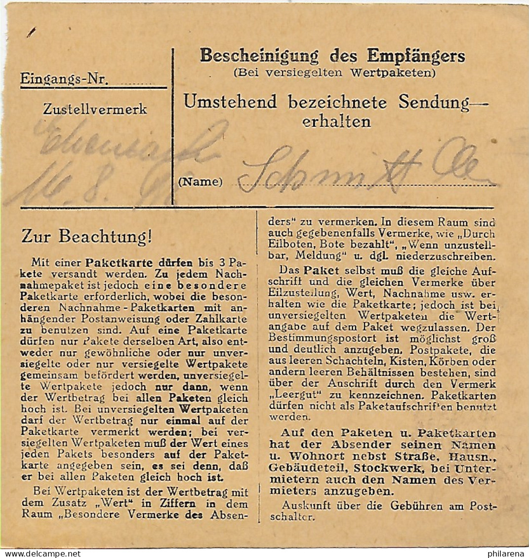 Paketkarte Unterschondorf Nach Ottobrunn, 1948, MeF - Lettres & Documents