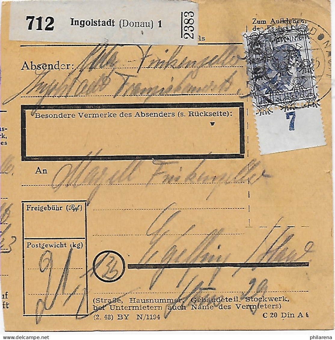 Paketkarte Ingolstadt Nach Eglfing 1948, EF - Lettres & Documents
