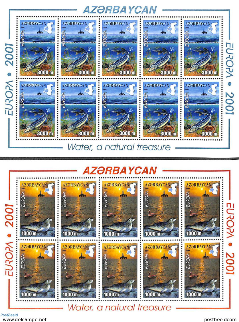 Azerbaijan 2001 Europa 2 M/s, Mint NH, History - Nature - Europa (cept) - Environment - Fish - Sea Mammals - Environment & Climate Protection