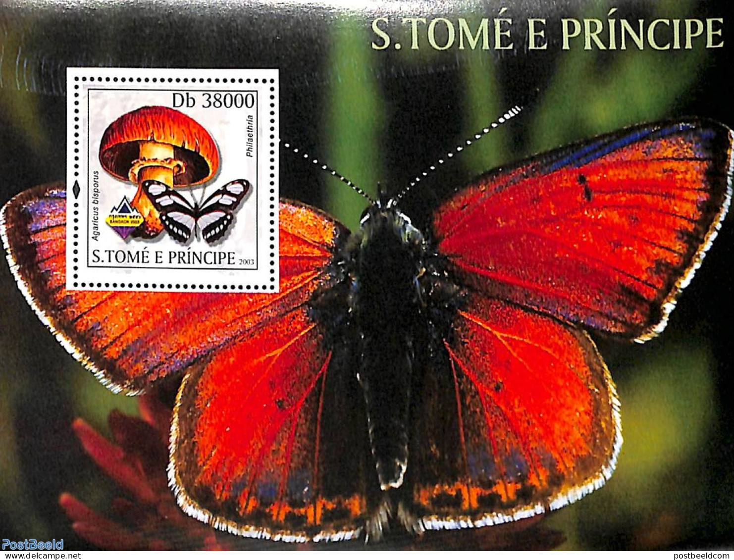 Sao Tome/Principe 2003 Mushroom, Butterfly S/s, Mint NH, Nature - Butterflies - Mushrooms - Champignons