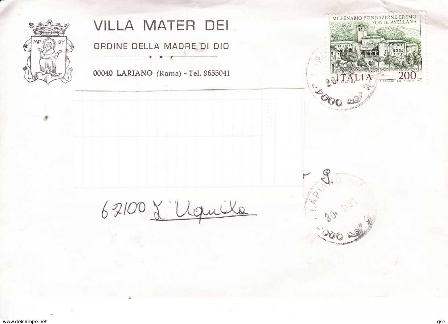 ITALIA  1981 - Lettera Da  Ariano A L'Aquila - Eremo Fonte Avellana - 1981-90: Storia Postale