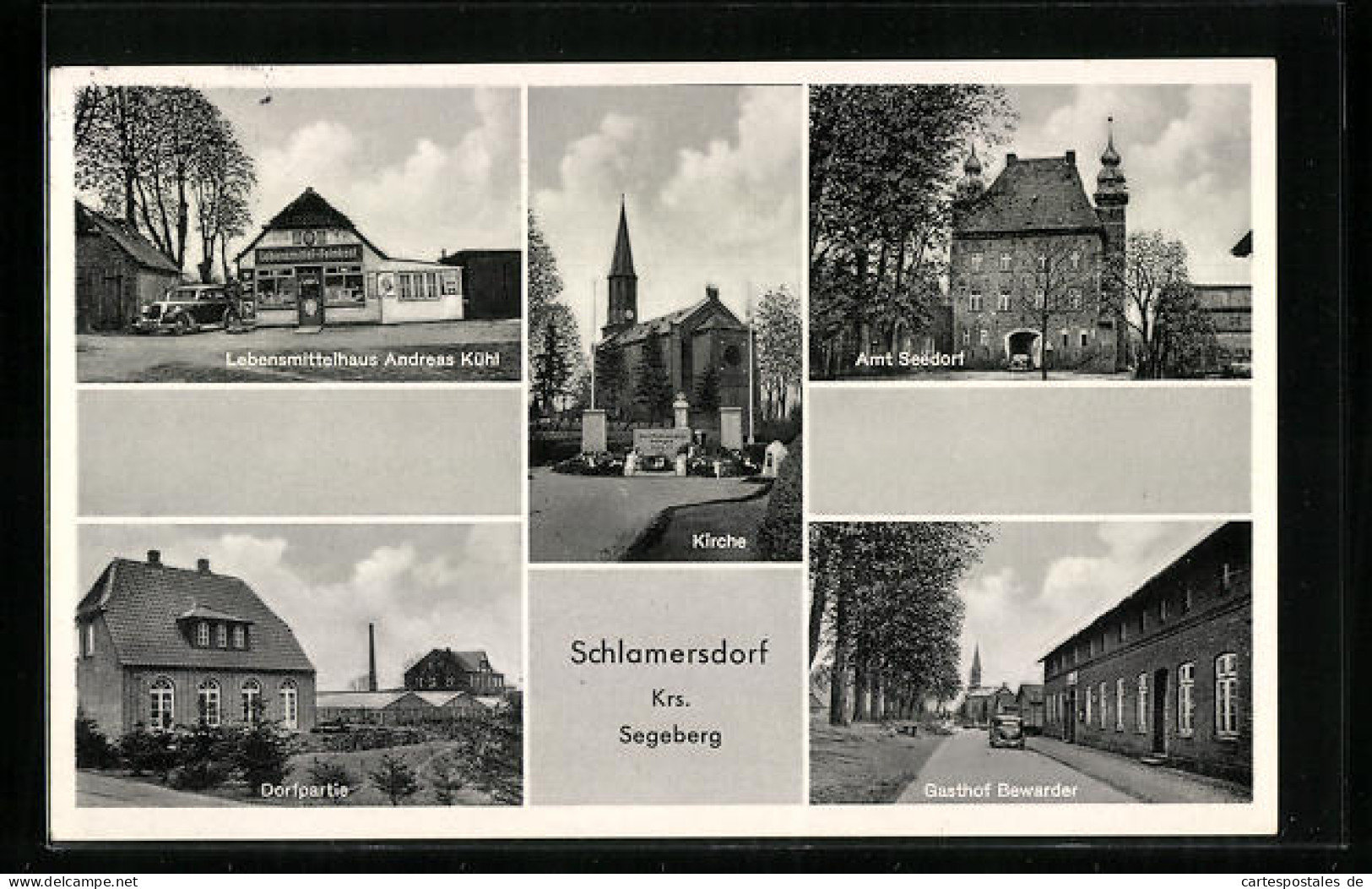 AK Schlamersdorf / Segeberg, Lebensmittelhaus Andreas Kühl, Gasthof Bewarder, Kirche  - Bad Segeberg