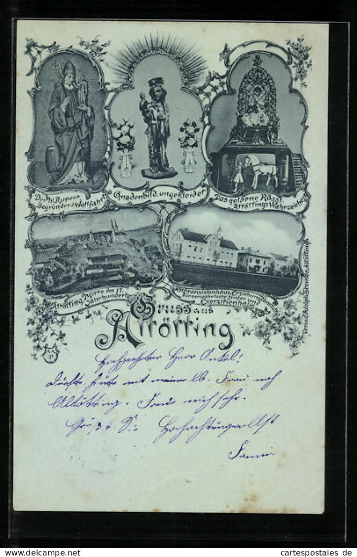 Lithographie Altötting, Historische Ortsansicht, Franziskushaus, Gnadenbild  - Altoetting