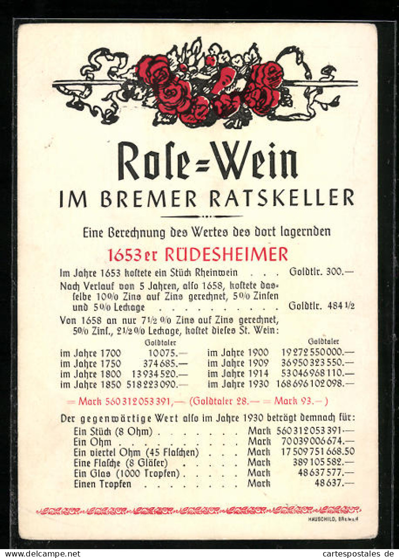 AK Bremen, Berechnung Des Werts Der Im Ratskeller Lagernden Rose-Weine  - Bremen