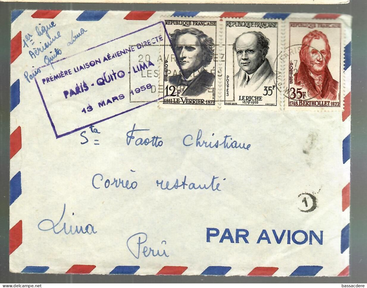 80102 -  PARIS   -  QUITO - LIMA - First Flight Covers