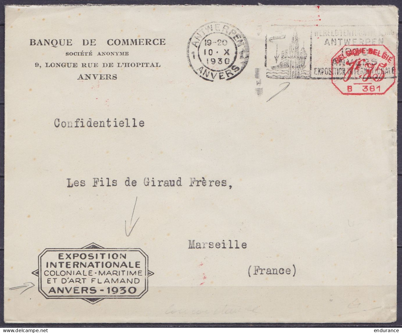 Env. "Banque De Commerce - Exposition Internationale Coloniale, Maritime Et D'Art Flamand - Anvers 1930" Affr. 1f75 Timb - Cartas & Documentos