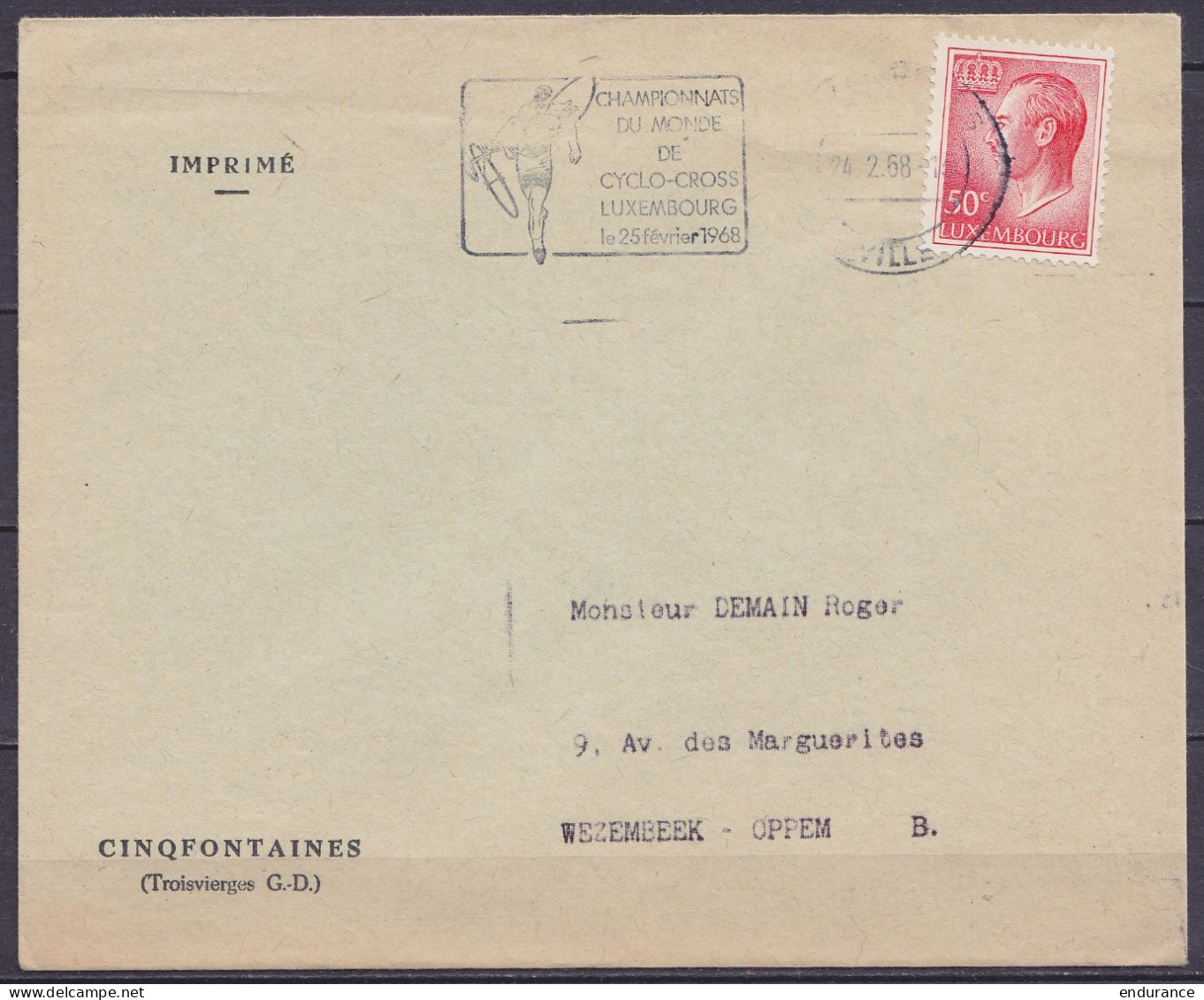 Env. Imprimé "Cinqfontaines - Troisvierges" Affr. 50c Flam. "CHAMPIONNAT DU MONDE DE CYCLO-CROSS … / LUXEMBOURG /24.2.19 - Lettres & Documents