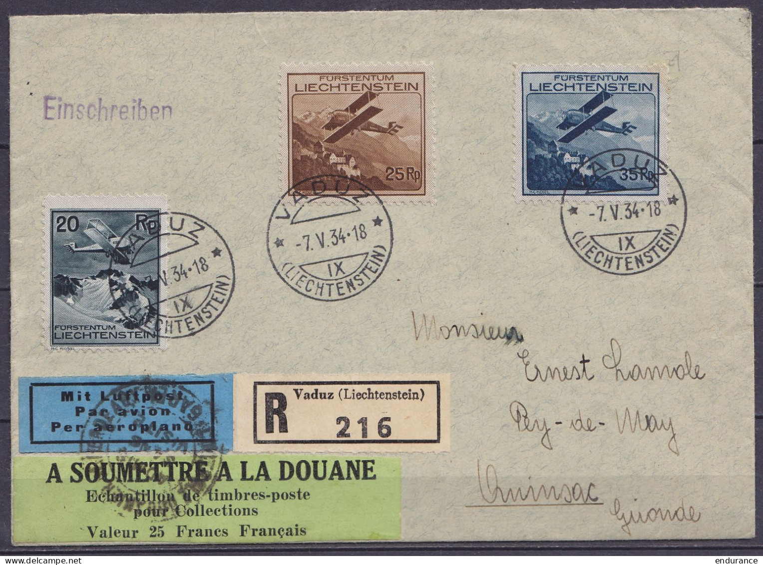 Liechtenstein - Env. Recommandée Par Avion Affr. PA2+PA3+PA4 Càpt VADUZ /-7.V.1934 Pour OUINSAC Gironde - étiq. "A SOUME - Poste Aérienne
