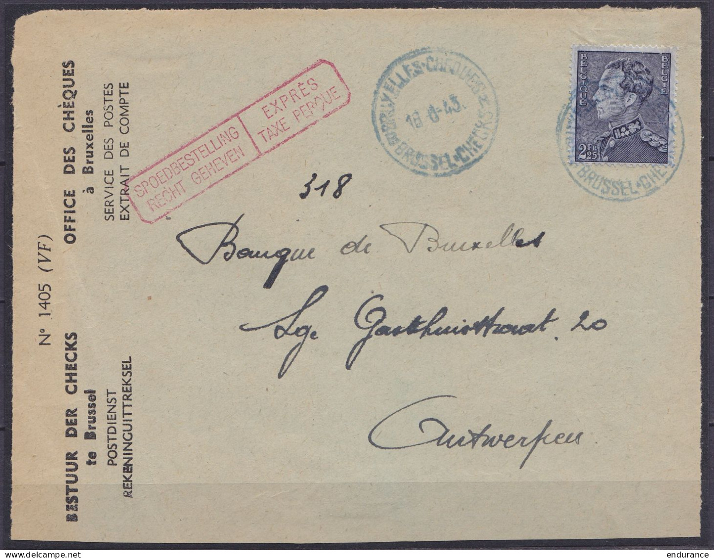 Devant D'env. "Office Des Chèques" Affr. N°529 Càd Bleu "BRUXELLES-CHEQUES /18-6-1943/ BRUSSEL-CHECKS" Pour ANTWERPEN -  - 1936-1951 Poortman