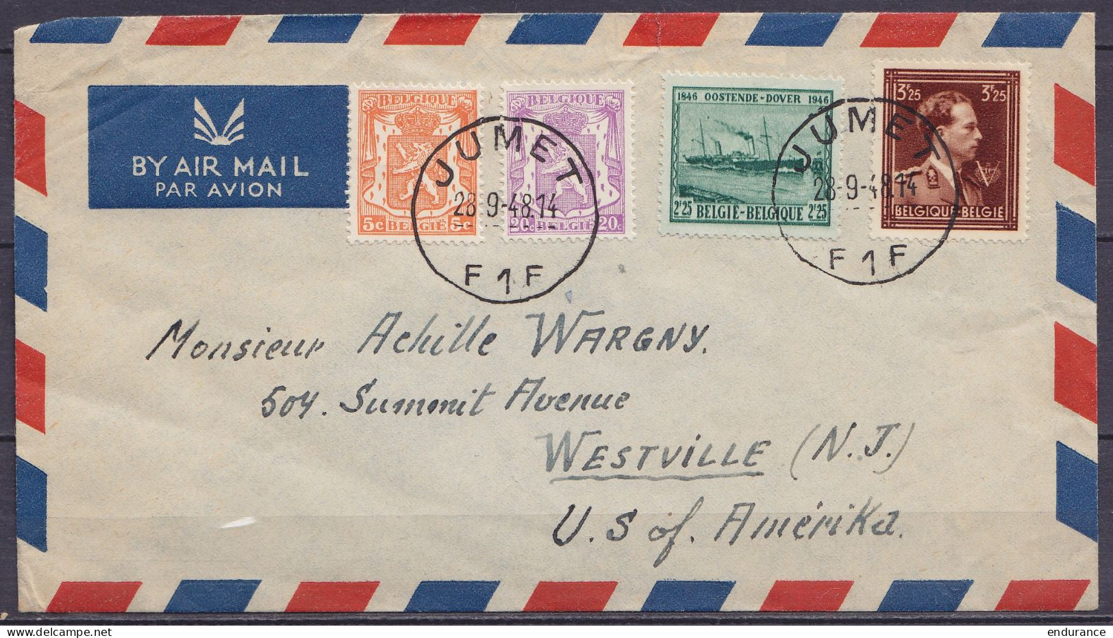 Env. Par Avion Affr. N°419+422+695+726 Càd JUMET /28-9-1948 Pour WESTVILLE N.J. USA - 1936-1957 Open Collar