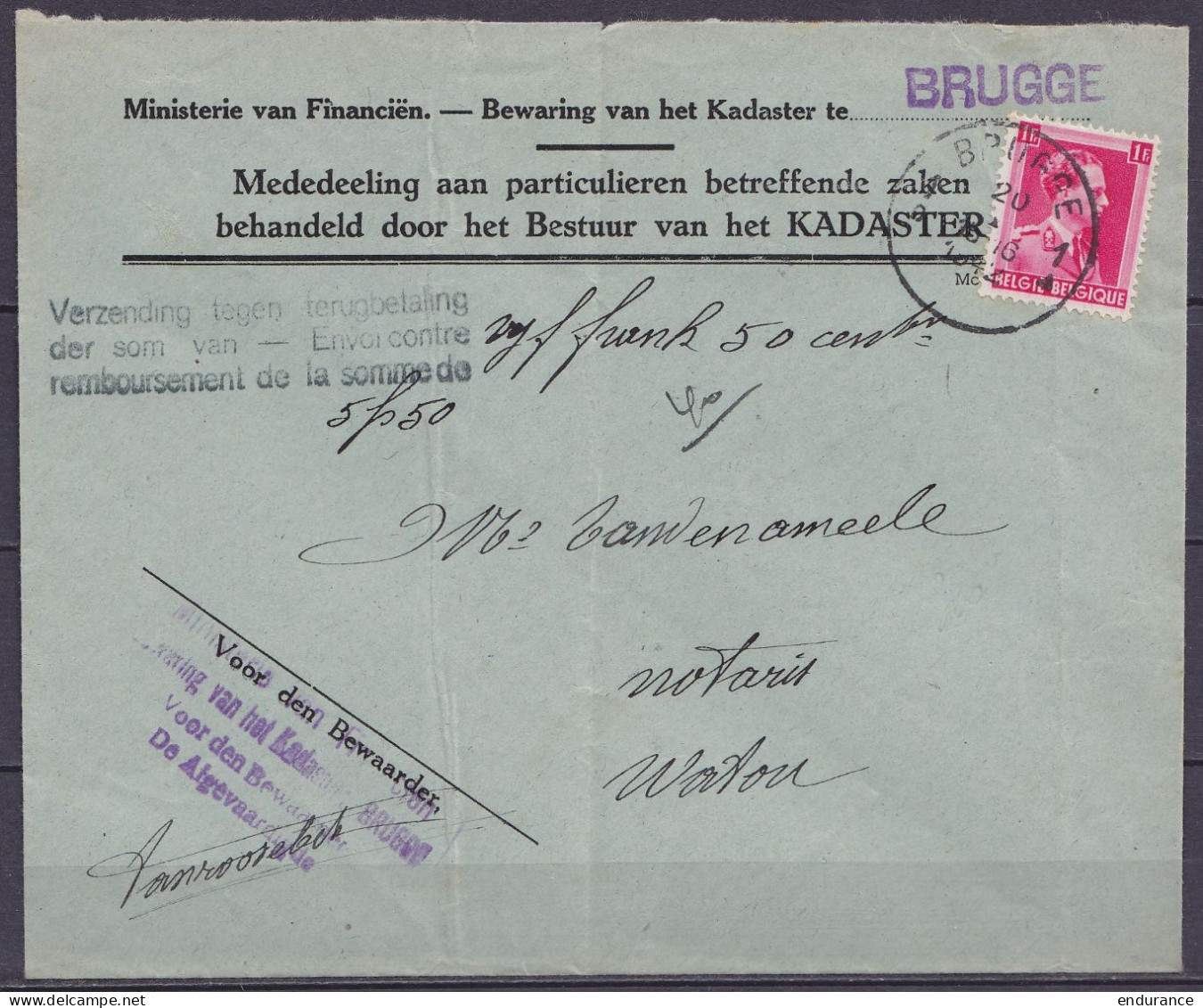 Env. "Ministerie Van Financiën - Kadaster …" Affr N°528 Càd BRUGGE /20 I 1942 Pour Notaire à WATOU - Contre Remboursemen - 1936-1957 Open Collar