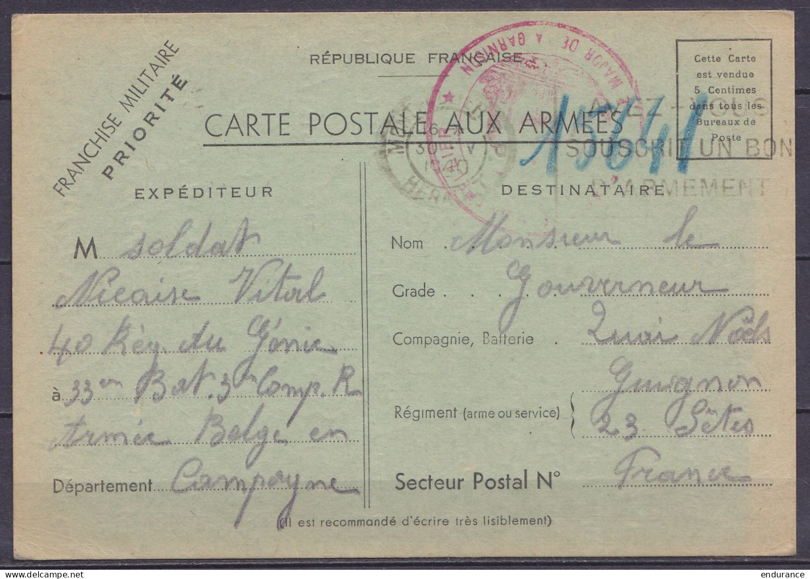"Carte Postale Aux Armées" D'un Militaire Belge En Campagne Pour Gouverneur Belge à SETE - Flam. Arrivée MONPELLIER /30  - Guerra '40-'45 (Storia Postale)