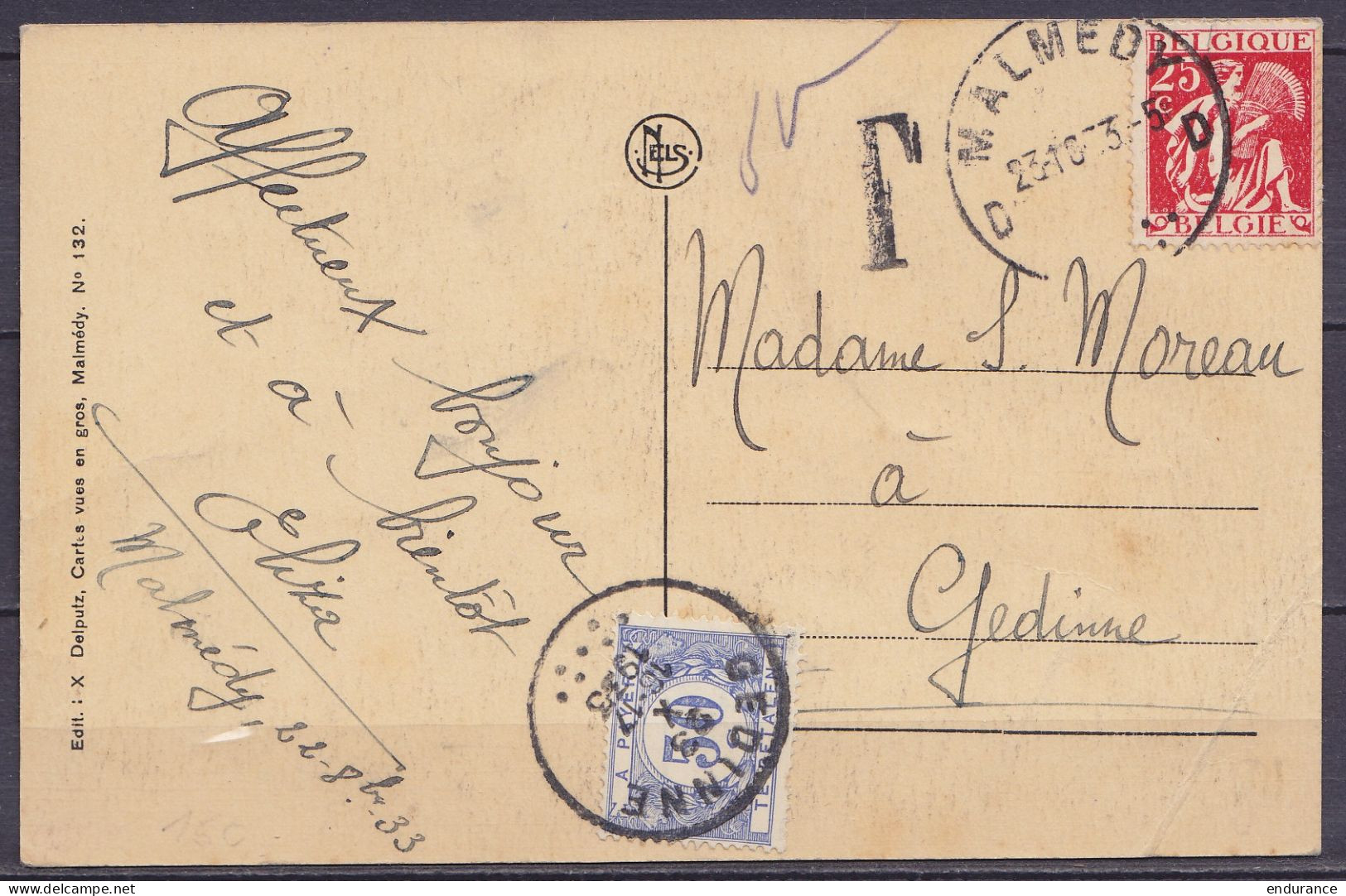 CP "Pouhon Des Cuves" Affr. N°339 Càd MALMEDY /23-10-1933 Pour GEDINNE Taxé 50c à L'arrivée - 1859-1959 Cartas & Documentos