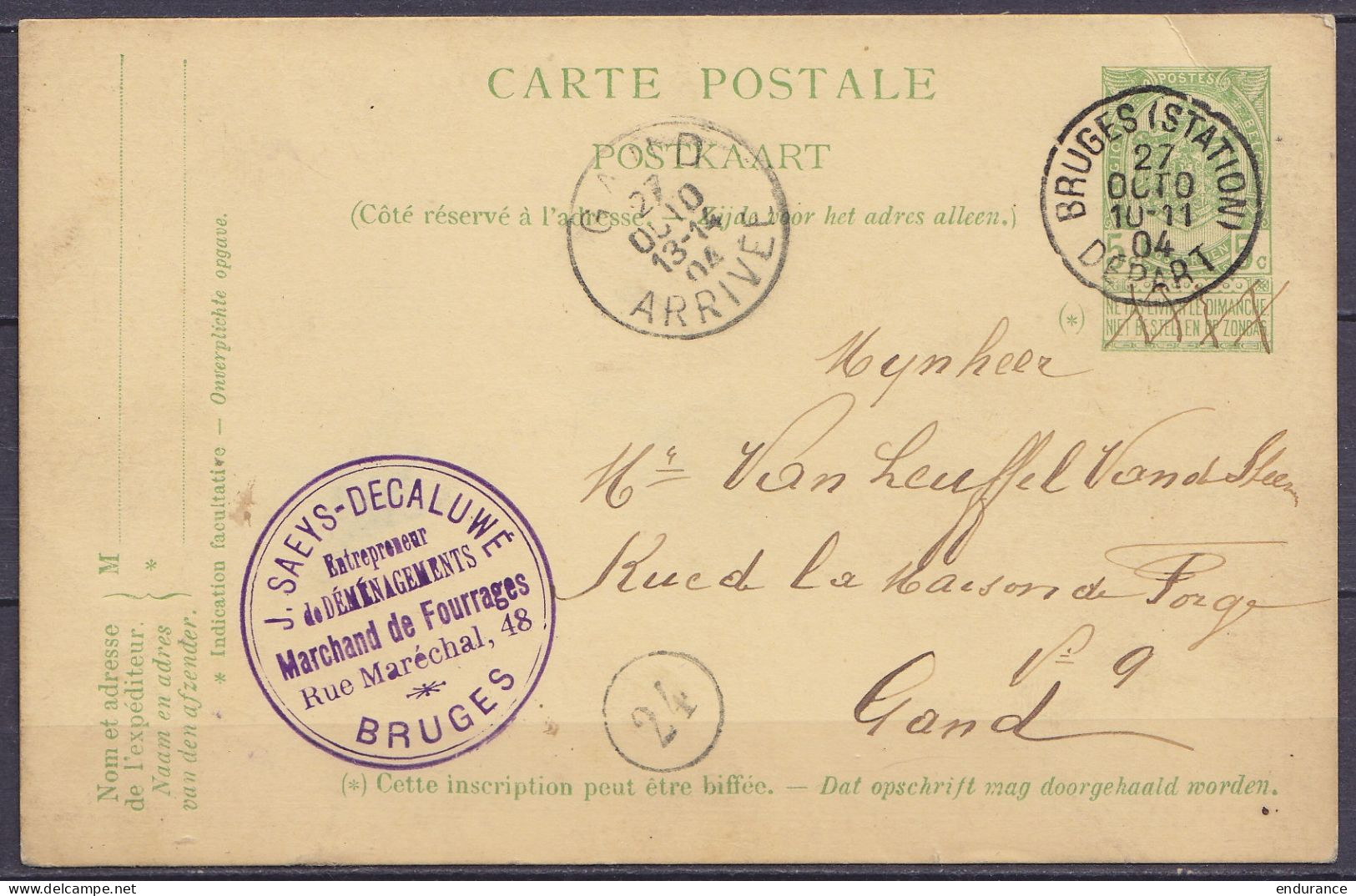 EP CP 5c Vert (type N°56) Càd BRUGES (STATION) /27 OCTO 1904 Pour GAND - Càd Arrivée GAND/ARRIVEE - Cartes Postales 1871-1909