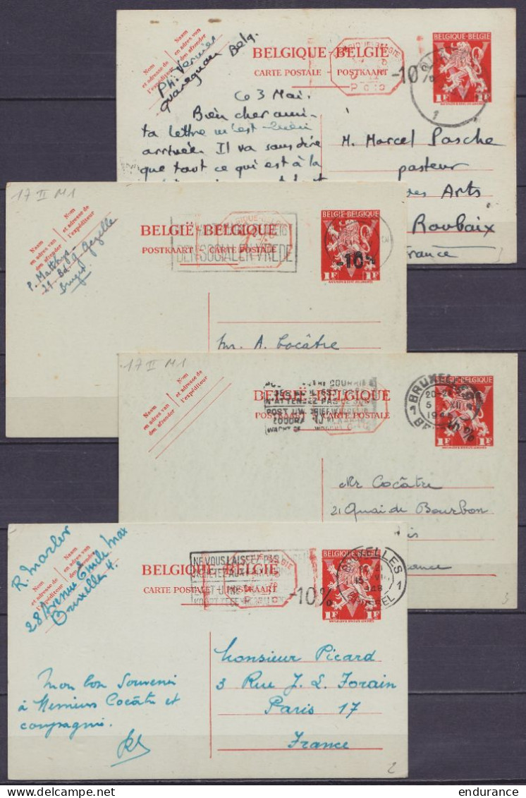 Ensemble De 12 EP CP 1F Vermillon Surcharges Locales "-10%" (ém. Van Acker) + Surcharge Rouge [35c] à La Timbreuse - Dif - Briefkaarten 1934-1951