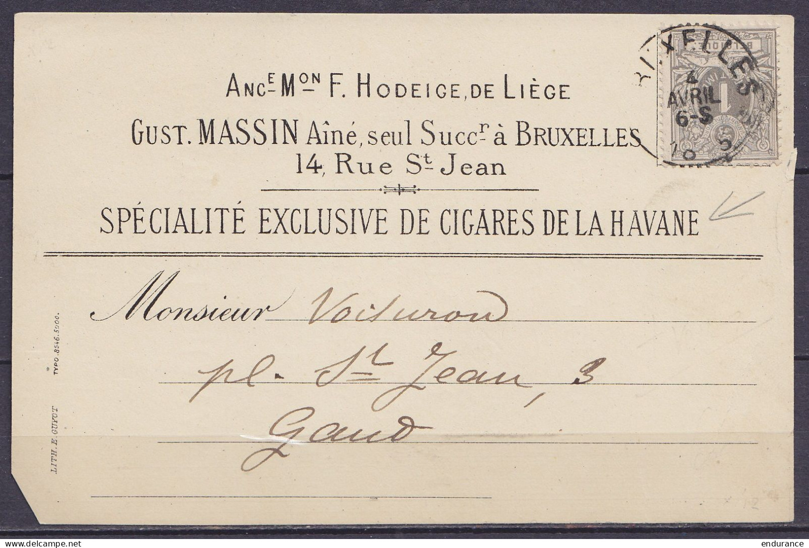 Carte Publicitaire Imprimé "G.Massin, Importateur Cigares De La Havane" Affr. N°43 Càd BRUXELLES /4 AVRIL 1885 Pour GAND - 1869-1888 Lion Couché
