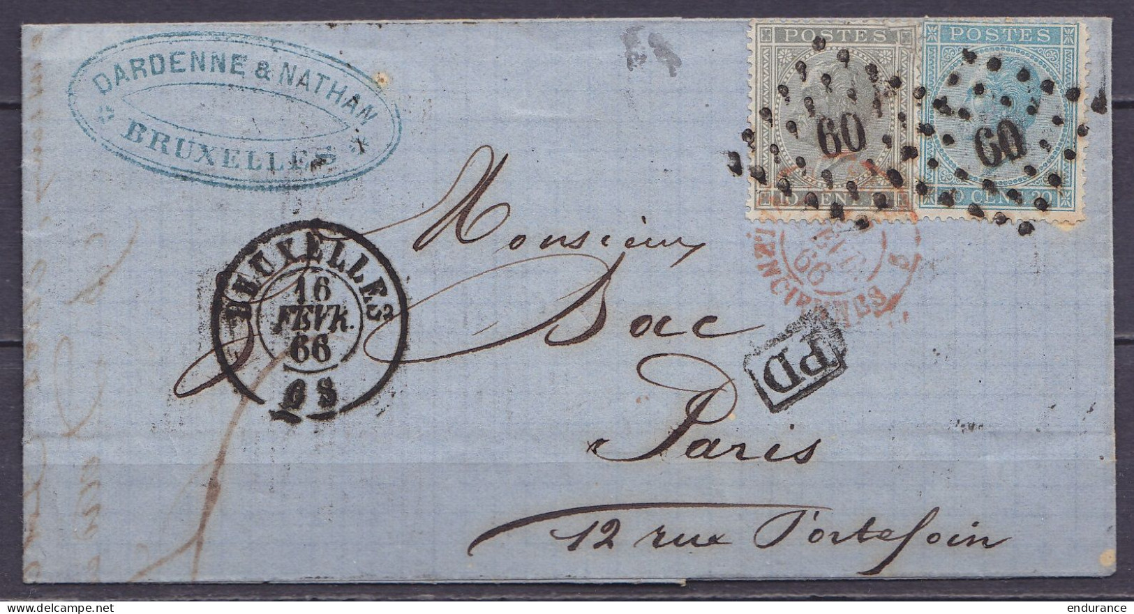 L. Affr. N°17+18 Lpts "60" Càd BRUXELLES /16 FEVR 1866 Pour PARIS - [PD] - Càd "BELG.5 VALENCIENNES" (au Dos: Càd Arrivé - 1865-1866 Linksprofil