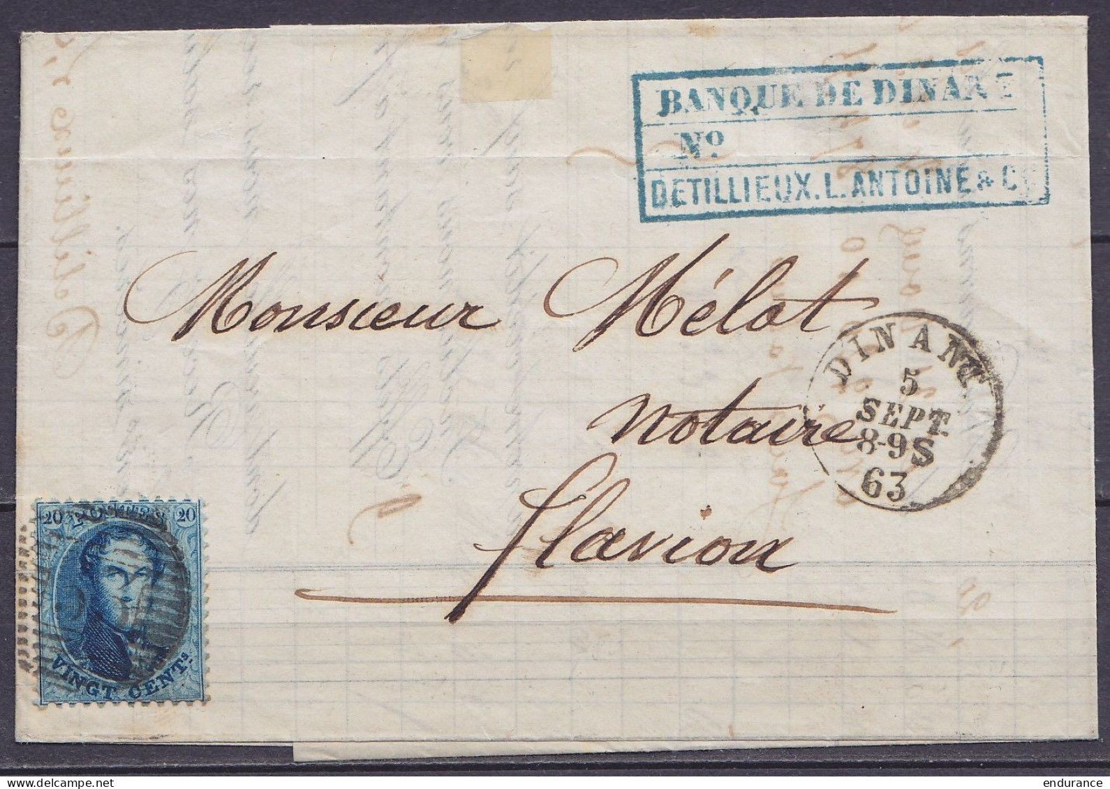 L. Affr. N°15 P33 Càd DINANT /5 SEPT. 1863 Pour FLAVION (au Dos: Càd Arrivée ANTHEE) - 1863-1864 Medaillons (13/16)