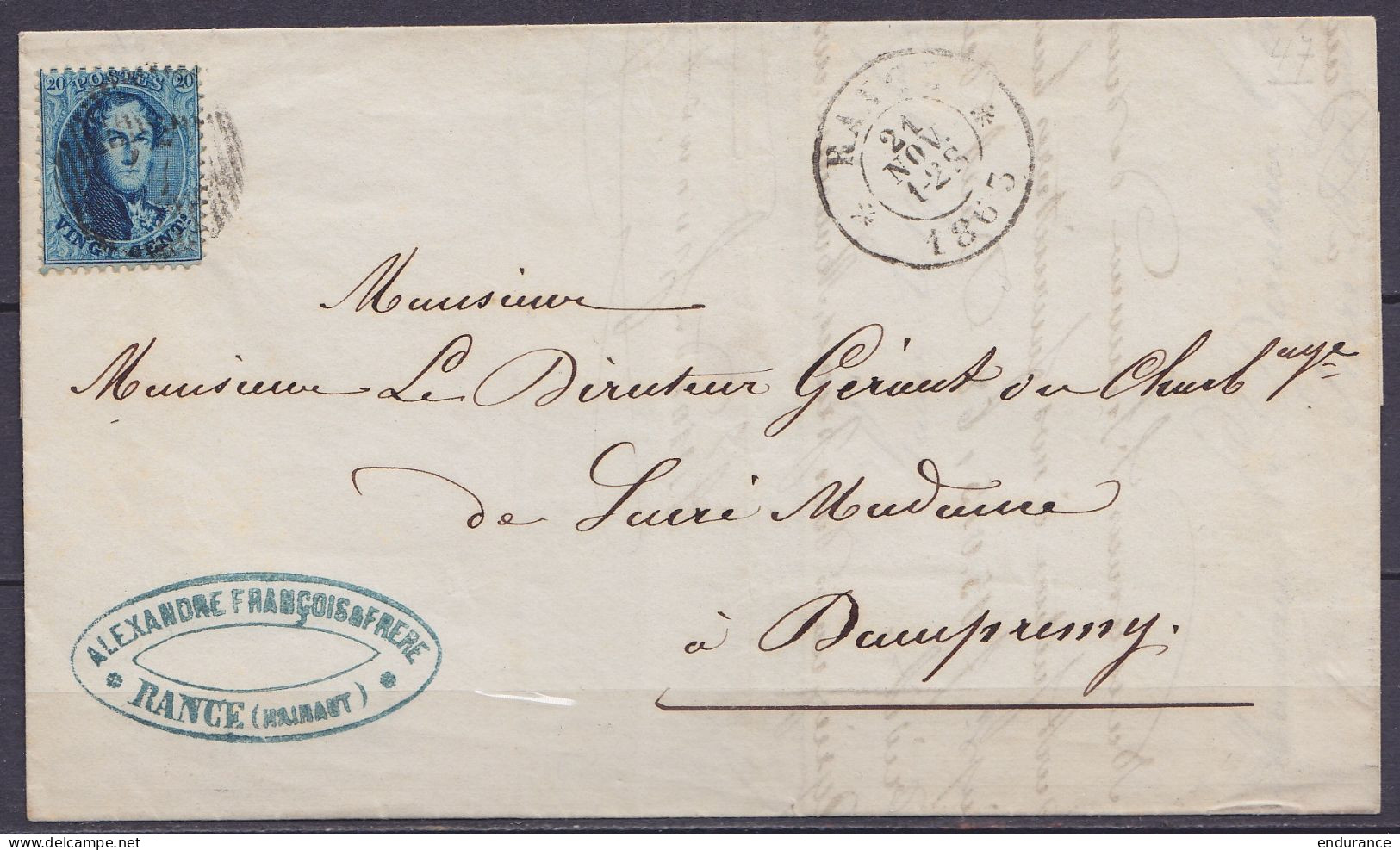 L. Affr. N°15 Distr. 47 Càd RANCE /21 NOV. 1865 Pour DAMPREMY (au Dos: Càd Arrivée CHARLEROY) - 1863-1864 Medaglioni (13/16)