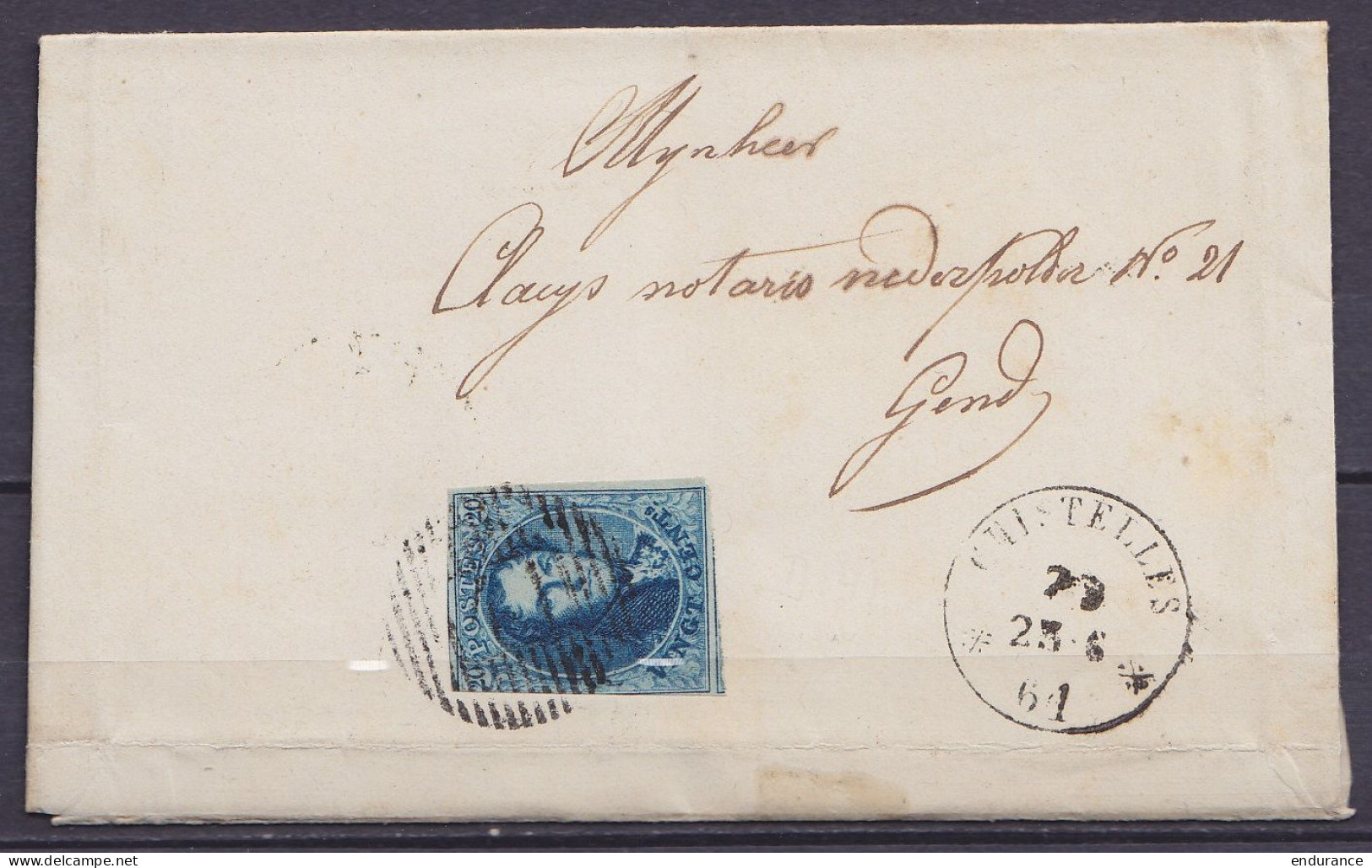 L  Affr. N°11 Distr. 41 Càd GHISTELLES /23-6 1861 Pour GENDT (au Dos: Càd Arrivée GAND) - 1858-1862 Médaillons (9/12)