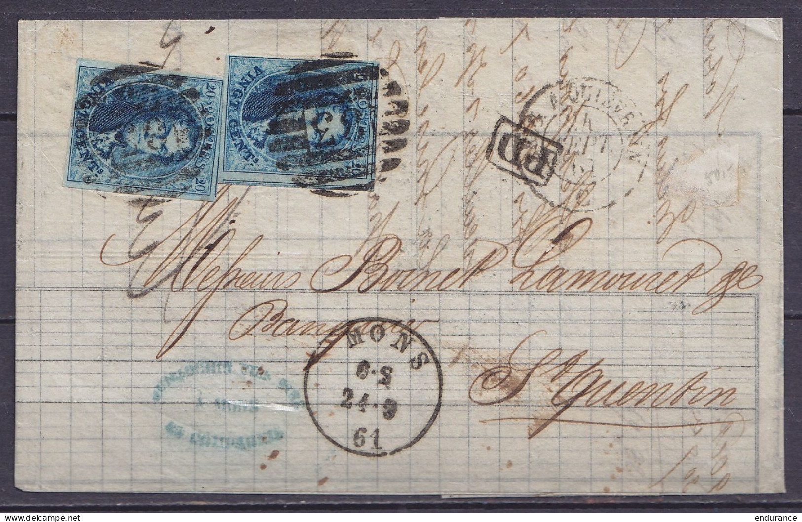 L. "Banque Guillochin" Affr. 2x N°11 P83 Càd MONS /24-9-1961 Pour ST-QUENTIN - [PD] - Càd "BELG. A QUIEVRAIN" (au Dos: C - 1858-1862 Medaglioni (9/12)