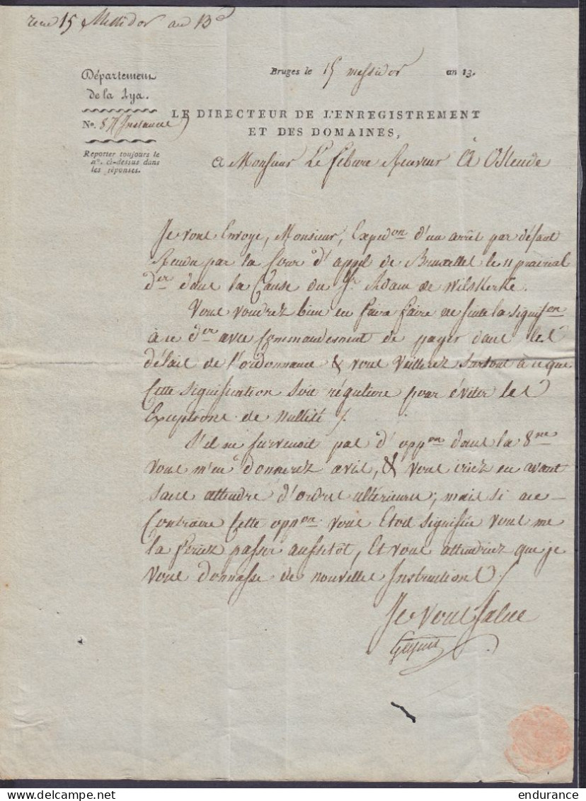L. En Franchise Datée 15 Messidor An 13 (4 Juillet 1805) De BRUGES Pour OSTENDE - Griffe "P9II / BRUGES" - 1794-1814 (Periodo Francese)
