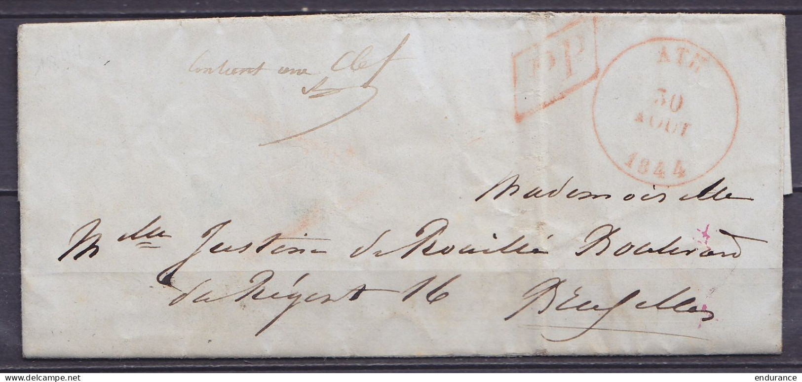 L. Càd ATH /30 AOUT 1844 Pour BRUXELLES - [PP] - Man. "contient Une Clef" (au Dos: Càd Bleau Arrivée BRUXELLES) - 1830-1849 (Belgio Indipendente)