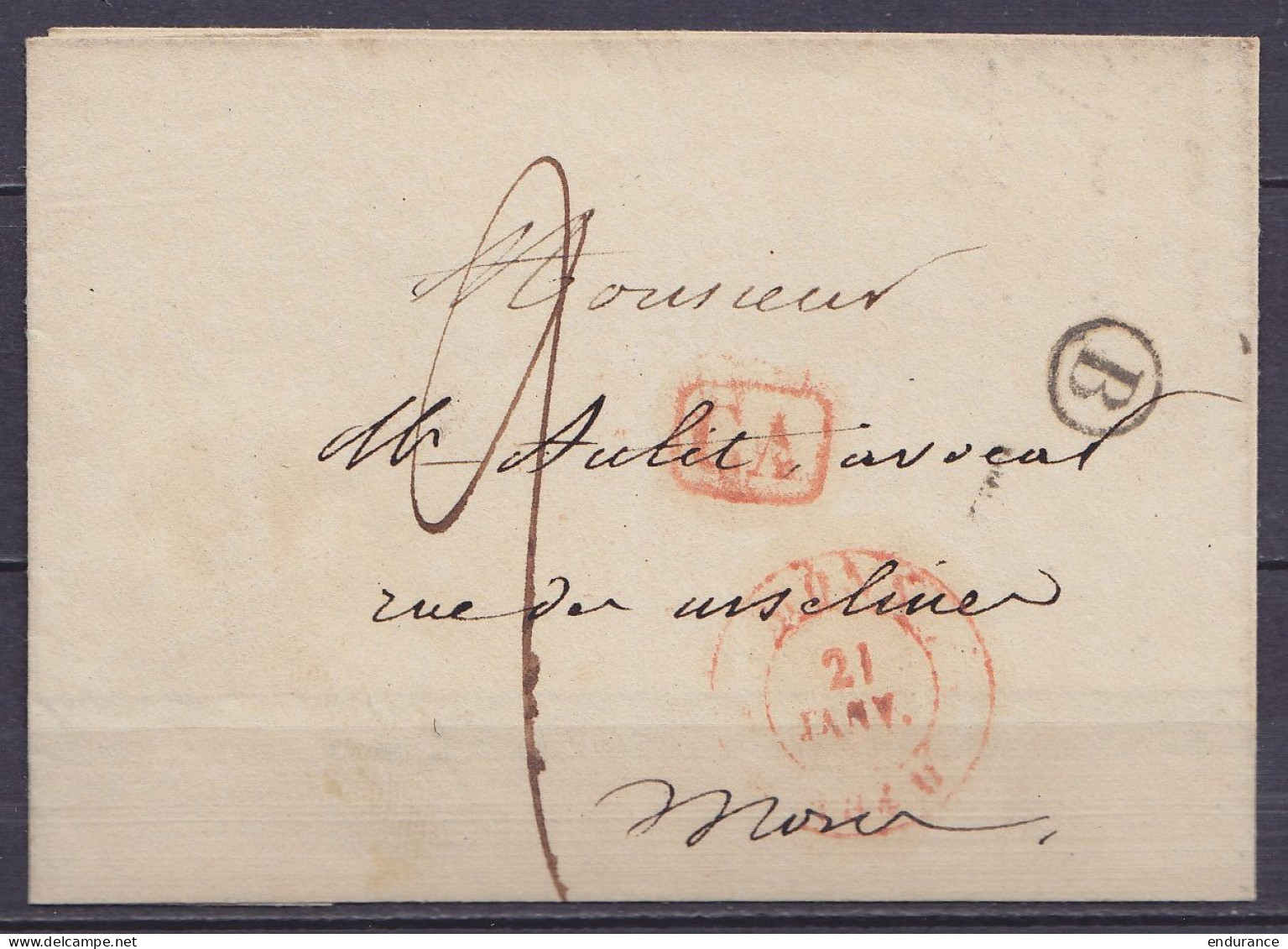 LSC (sans Contenu) Càd MONS /21 JANV. 1840 Pour E/V - [CA] - Boîte Rurale "B" - Port "2" (au Dos: Càd Arrivée MONS) - 1830-1849 (Belgique Indépendante)