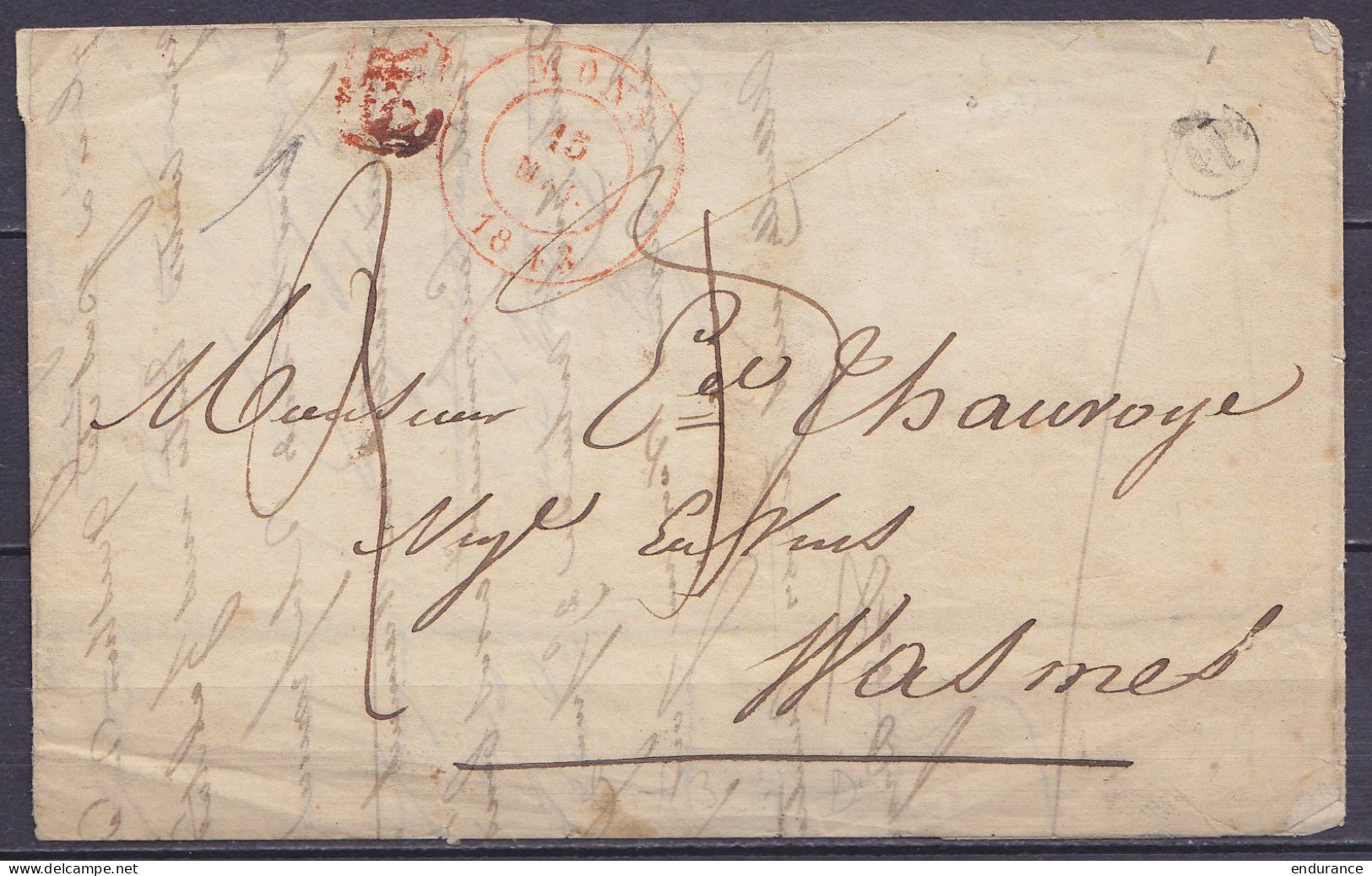 L. Càd MONS /15 MAI 1843 Pour WASMES - [SR] - Boîte Rurale "D" (au Dos: Càd Arrivée BOUSSU) - 1830-1849 (Belgique Indépendante)