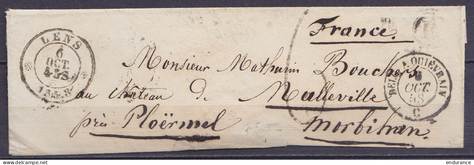 Env. Càd LENS /6 OCTO. 1858 Pour Château De MALLEVILLE Près PLOËRMEL Morbihan - Càd "BELG. A QUIEVRAIN" - Port "6" Au Ta - 1858-1862 Medallions (9/12)