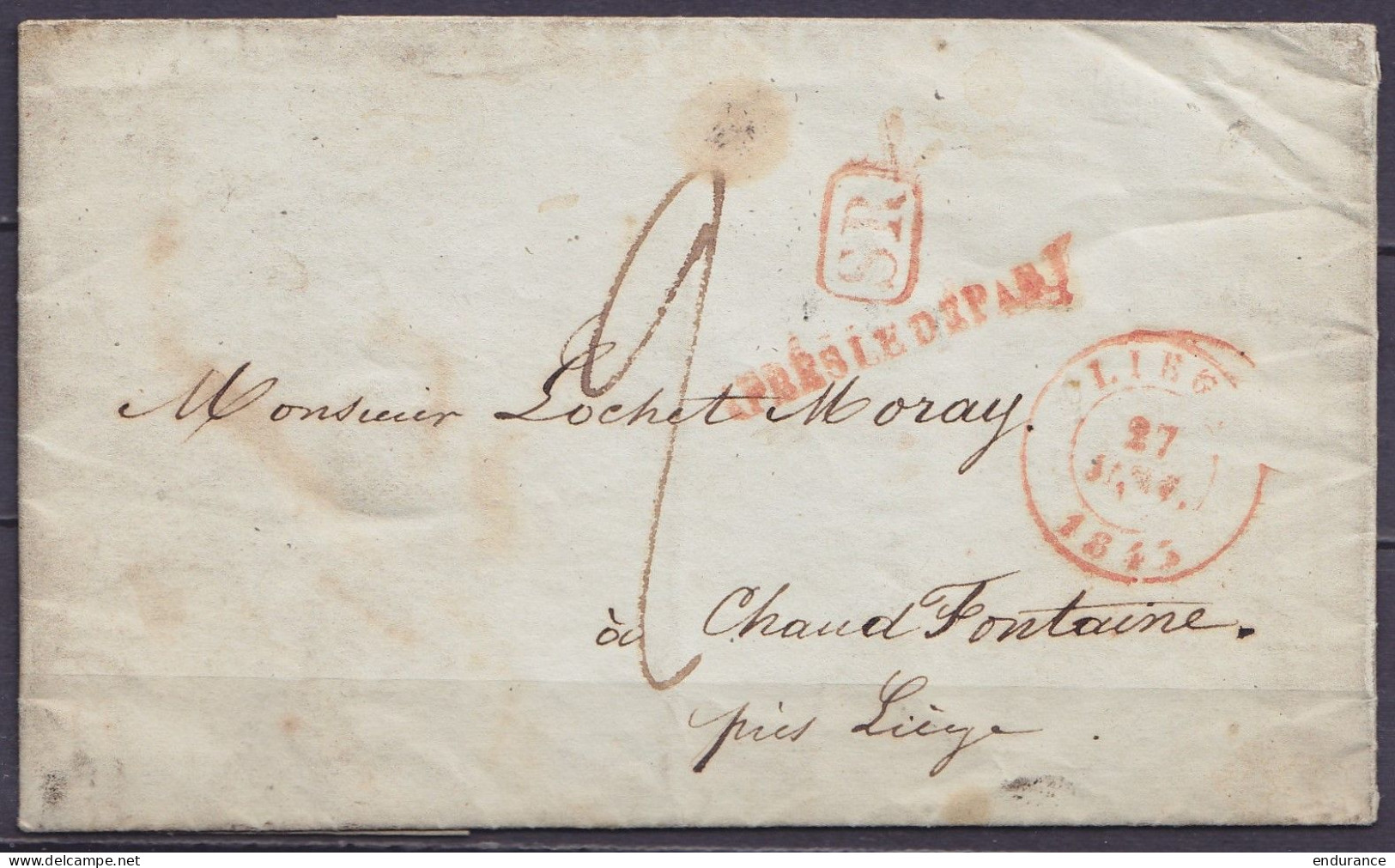L. "Société De St-Léonard" Càd LIEGE /27 JANV 1845 Pour CHAUDFONTAINE - [SR] - Griffe "APRES LE DEPART" - Port "2" (au D - 1830-1849 (Belgique Indépendante)