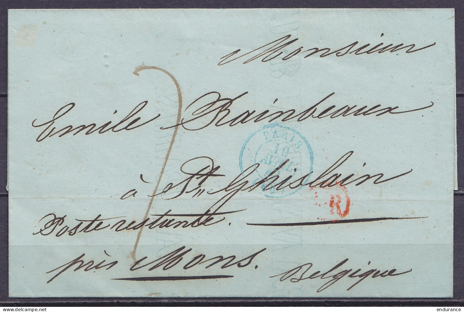 LSC (sans Contenu) Càd Bleu PARIS /10 AVRIL 1841 Pour Poste Restante à ST-GHISLAIN Près MONS - Marque "4.R' - Port "7" ( - 1830-1849 (Belgique Indépendante)