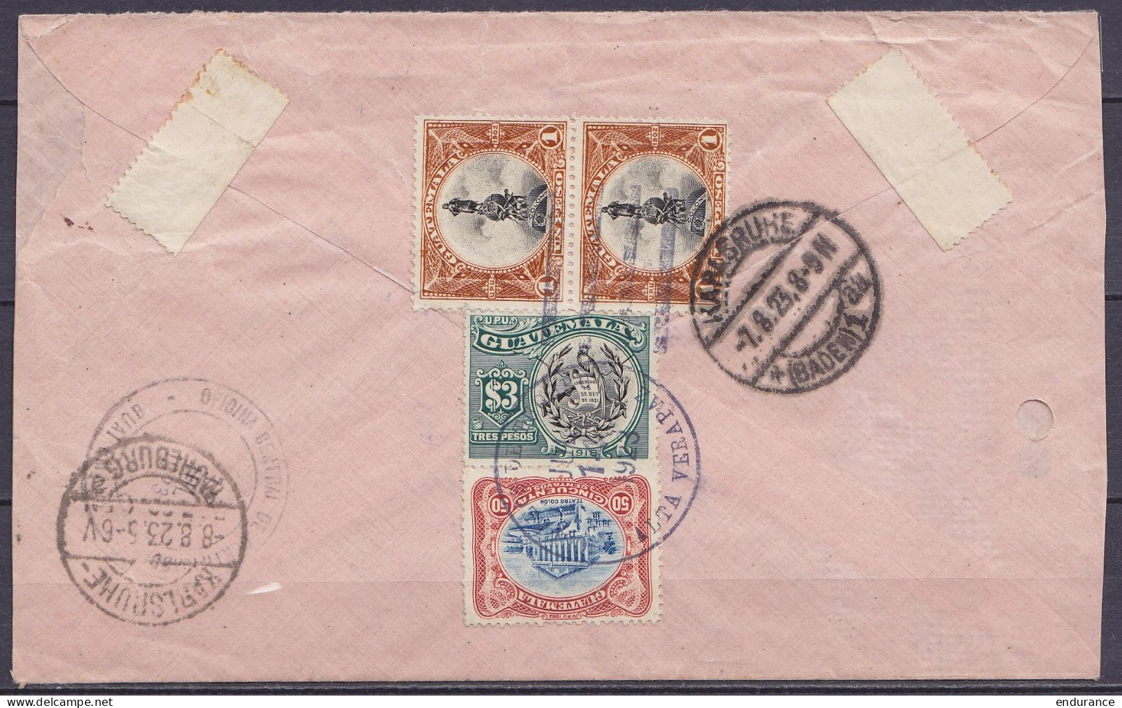 Guatemala - Env. Recommandée Affr. 5$50 (au Dos) Càd "CORREOS DE TUCURU /JUL 14 1923/ ALTA VERAPAZ" Pour KARLSRUHE Allem - Guatemala