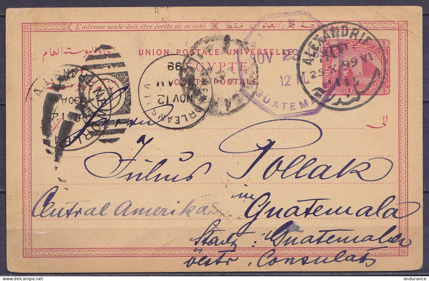 Egypte - EP CP 4mil. Càd ALEXANDRIE /25 X 1899 Pour GUATEMALA - 2 Càd Transit NEW ORLEANS & Arrivée GUATEMALA /NOV 23 18 - 1866-1914 Khedivate Of Egypt