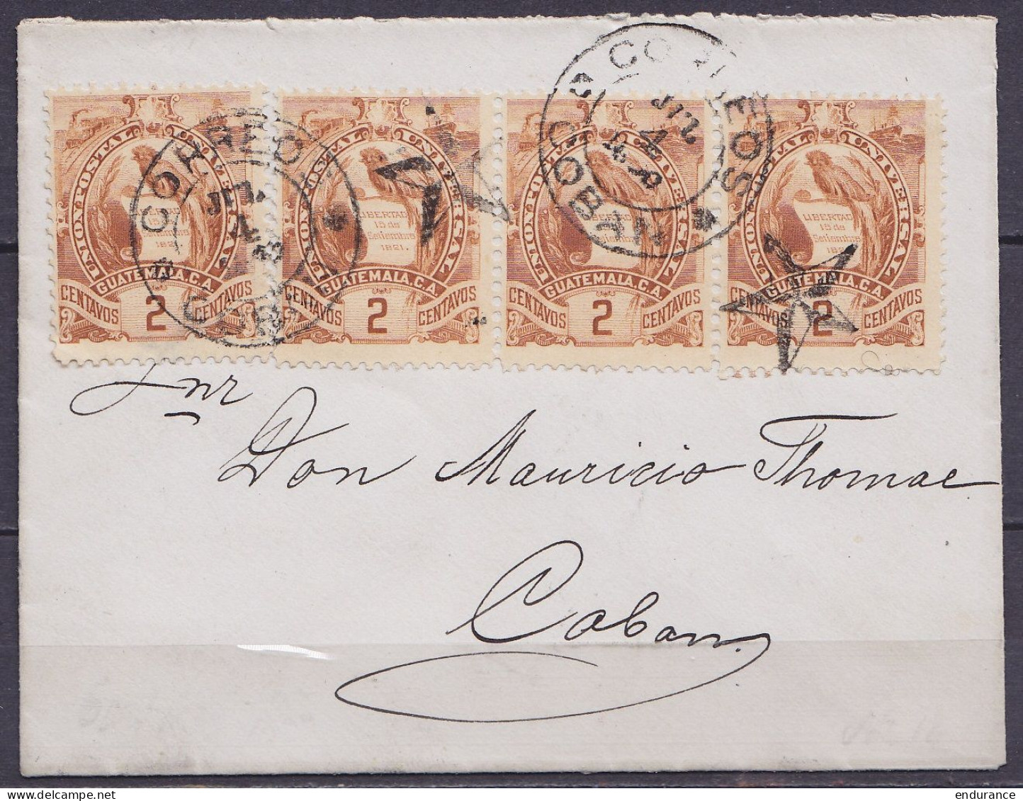 Guatemala - Petite Env. Affr. 4x 2ctvs Oblit "CORREOS/ JUL 4 1892/ COBAN + étoile Noire" Pour E/V - Guatemala