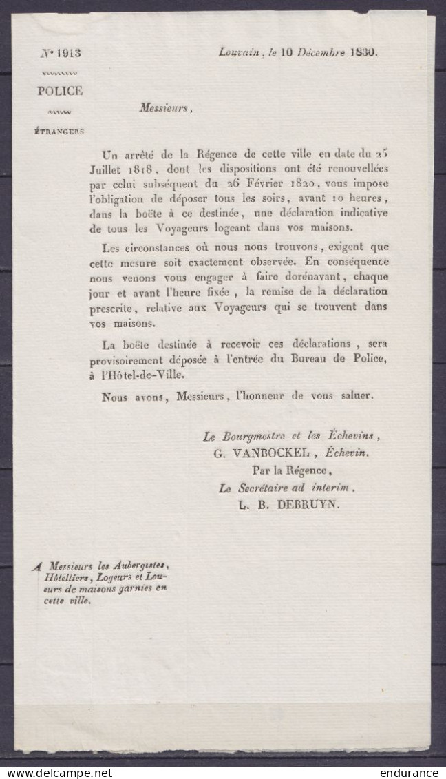 Arrêté De Police Daté 10 Décembre 1830 établi à LOUVAIN Concernant L'obligation Des Aubergistes Et Hôtelliers De Déclara - Wetten & Decreten