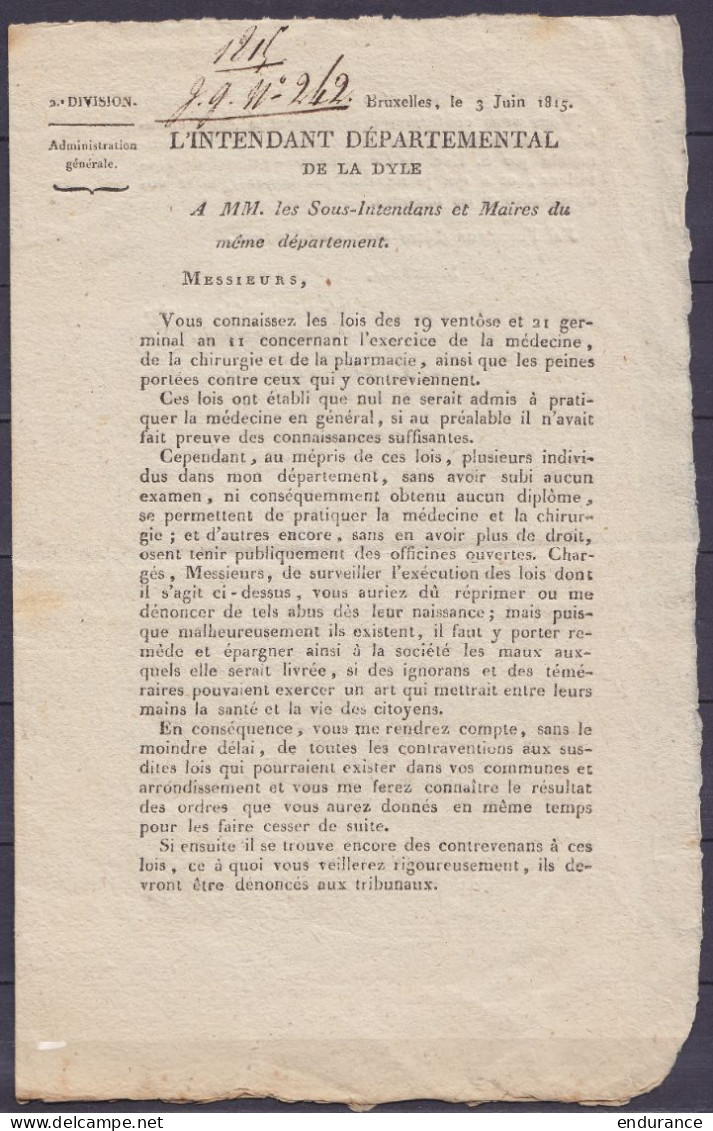 Arrêté De L'Administration Générale Daté 3 Juin 1815 De Louvain Concernant L'exercice De La Médecine Et De La Chirurgie - Wetten & Decreten