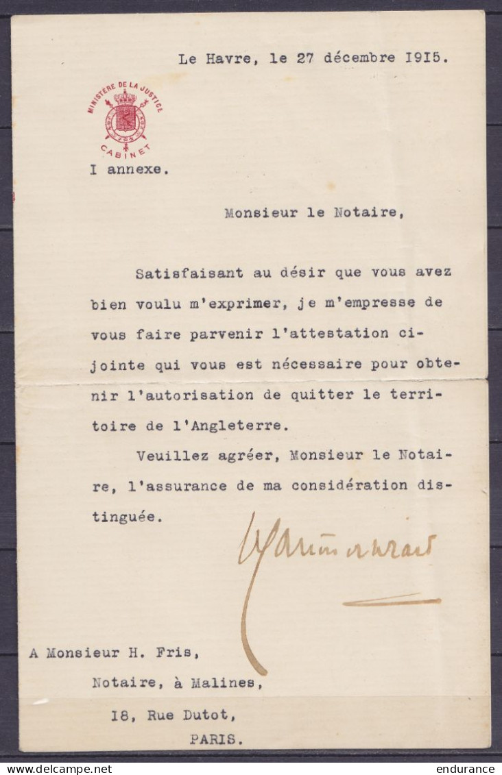 Lettre Datée 27 Décembre 1915 Du Ministre De La Justice Belge Au HAVRE Pour Notaire De Malines Exilé En Angleterre - 1914-18