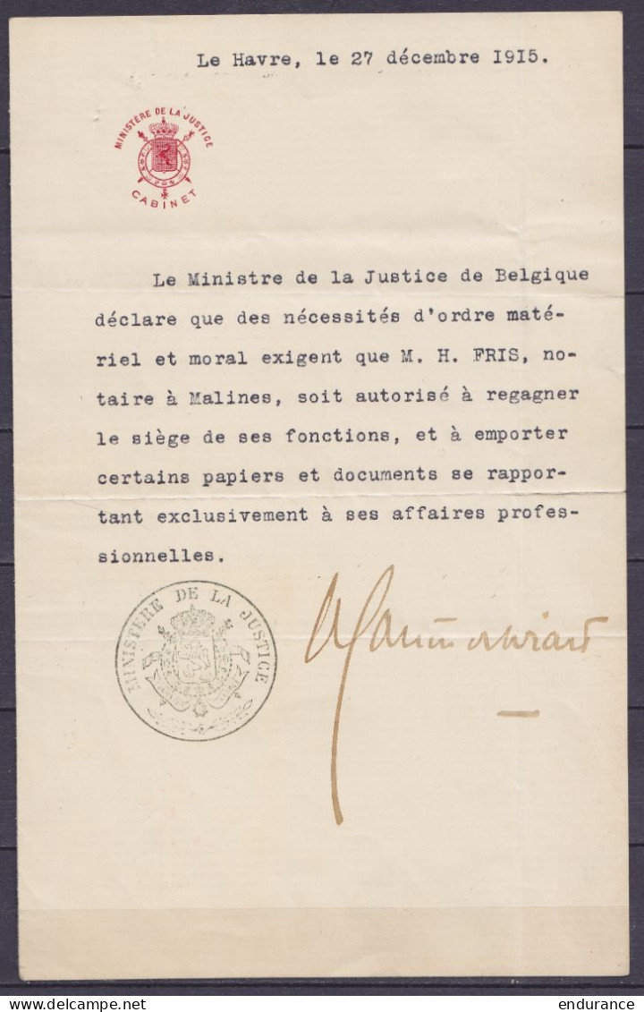 Autorisation Datée 27 Décembre 1915 Délvivrée Par Le Ministère De La Justice Belge Pour Notaire De Malines Afin De Quitt - 1914-18