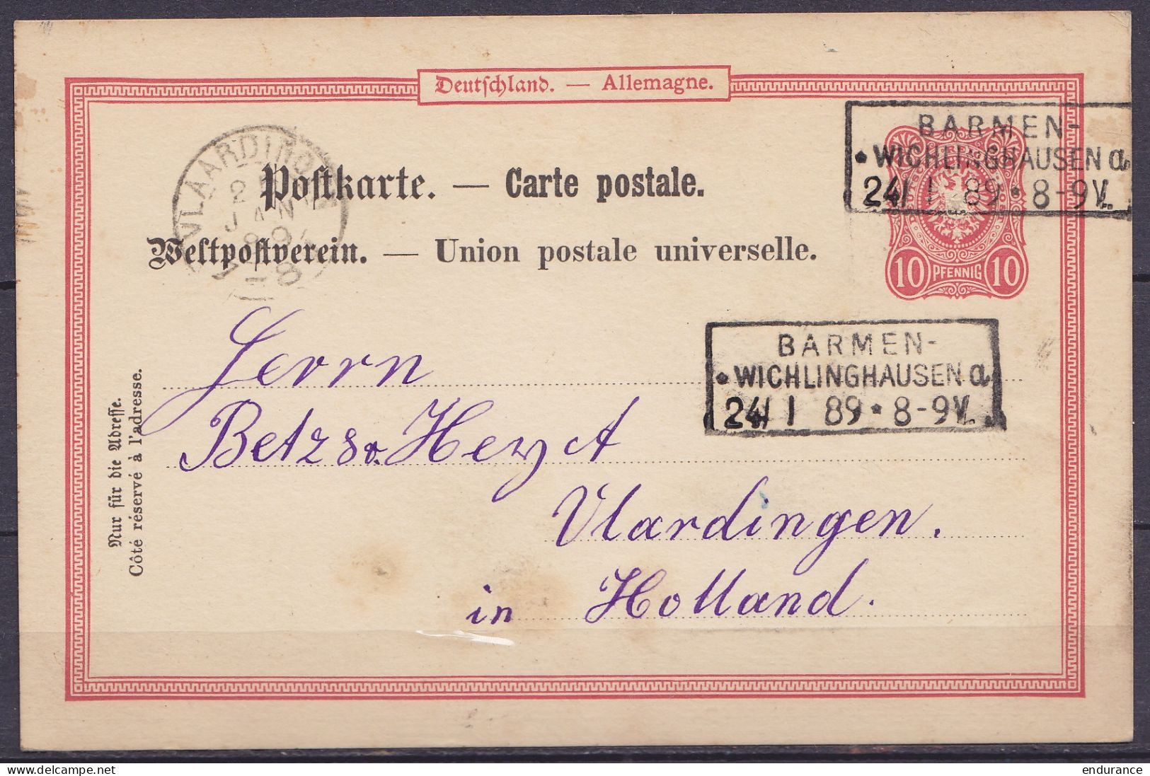 Allemagne - EP Postkarte 10pf Càd [BARMEN-WICHLINGHAUSEN /24 I 1889] Pour VLARDINGEN Hollande - Other & Unclassified